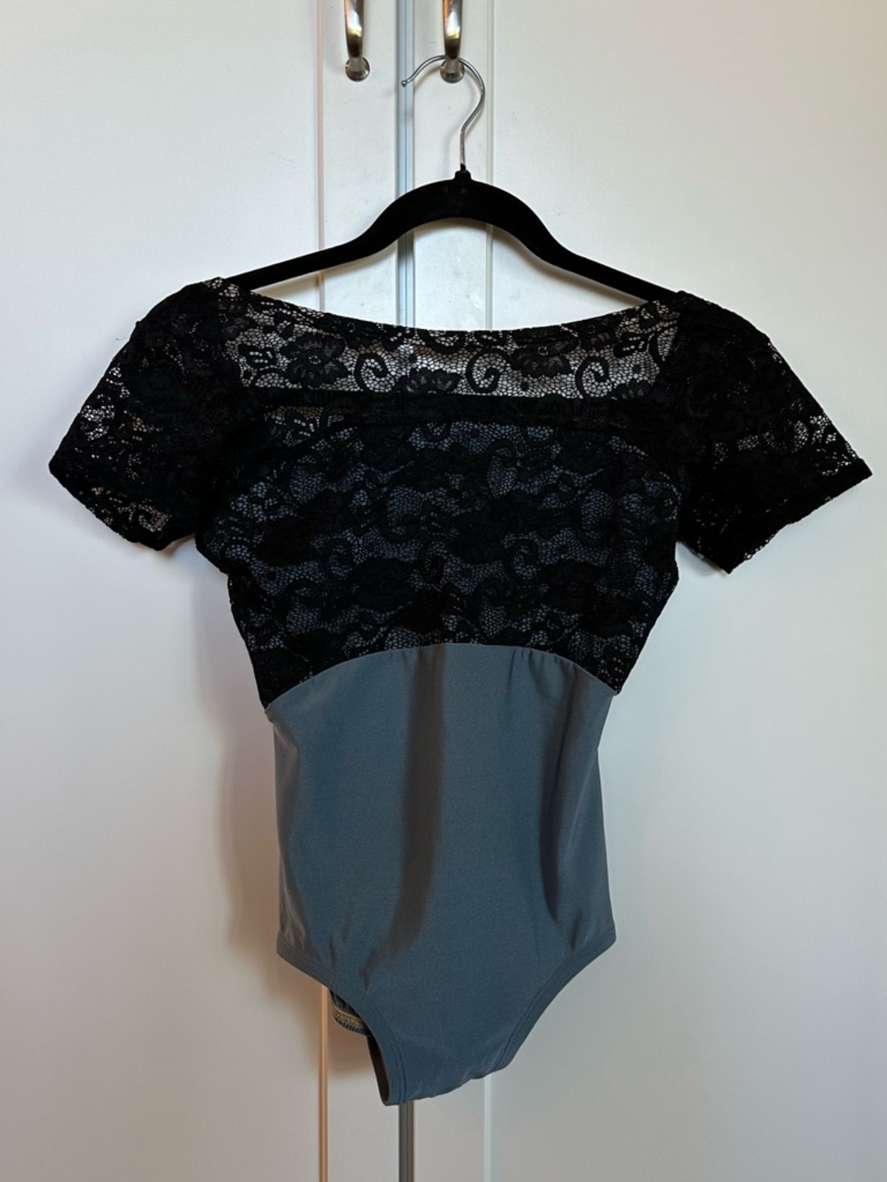 Icy Blue with Black Lace Cap Sleeve Leotard